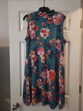 Tiana B. Teal Floral Mock Neck Mini Dress
